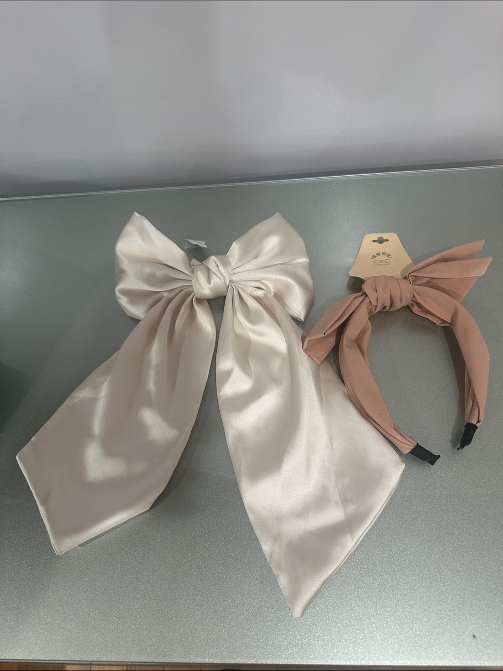 Silk-Look Cream Bow Hair Scarf & Tan Knot Headband Set